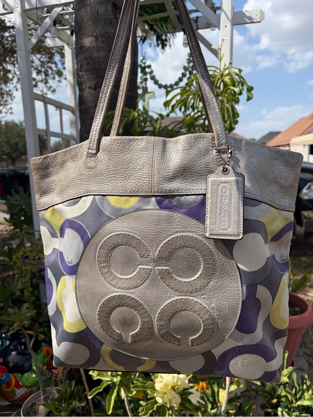 Coach Metallic Silver Leather Tote with Purple & Yellow Patterned Canvas
